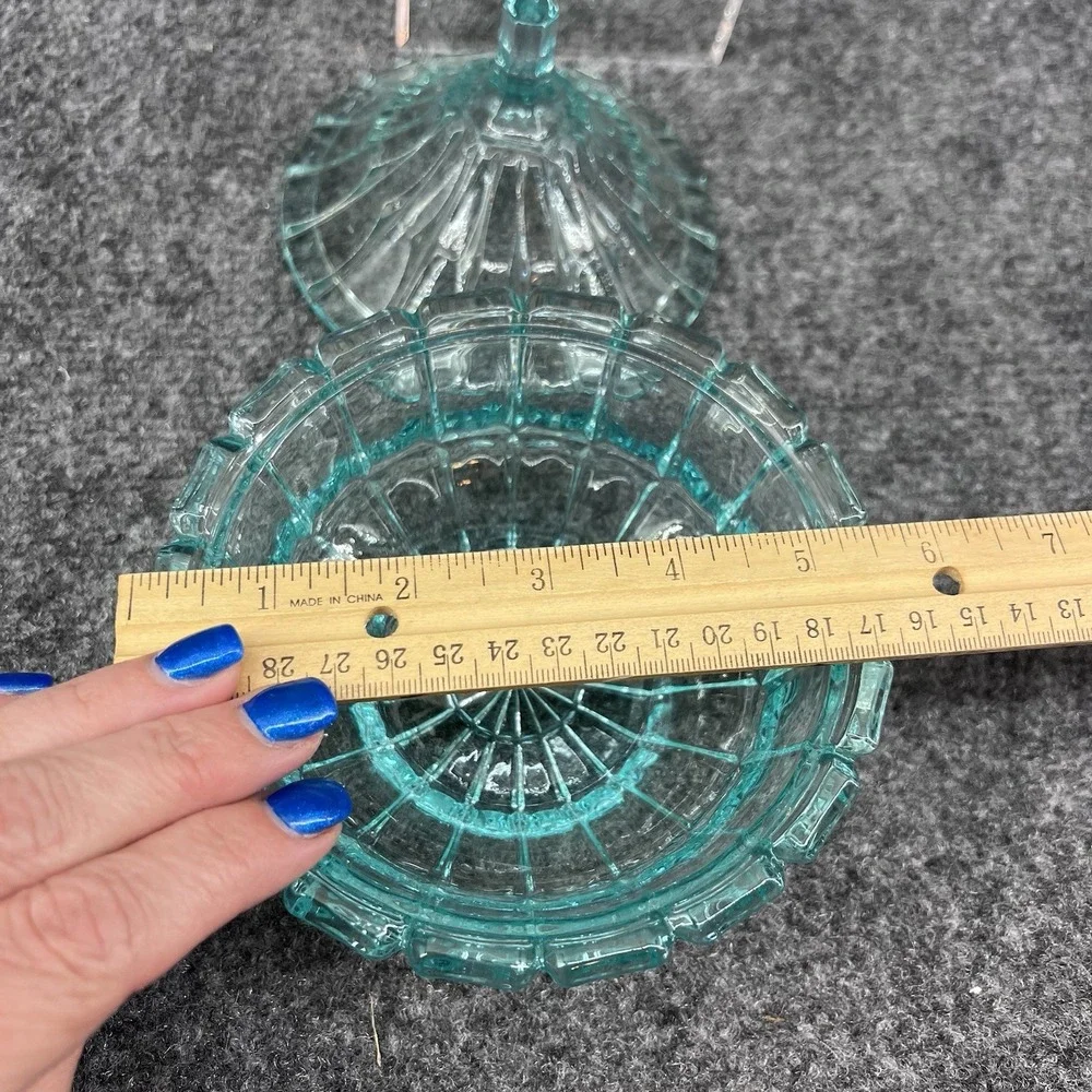 Vintage Tiara Fostoria Lead Crystal Teal Green - Blue Glass Candy Dish W/Lid 5